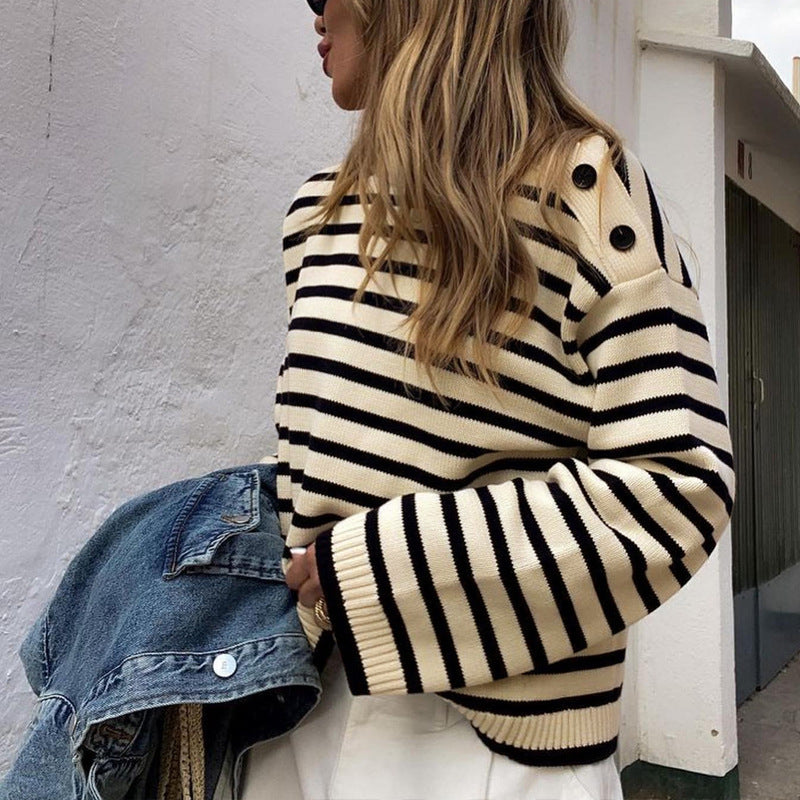 Damen trendiger Strickpullover mit auffälligem Streifenmuster WW