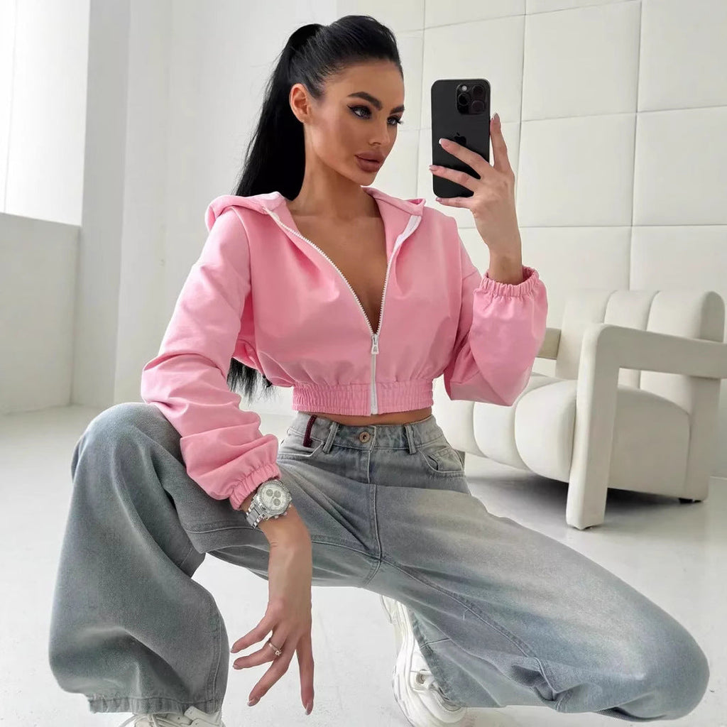 Damen lässiger Cropped Hoodie mit praktischem Reißverschluss und elastischem Bund WW