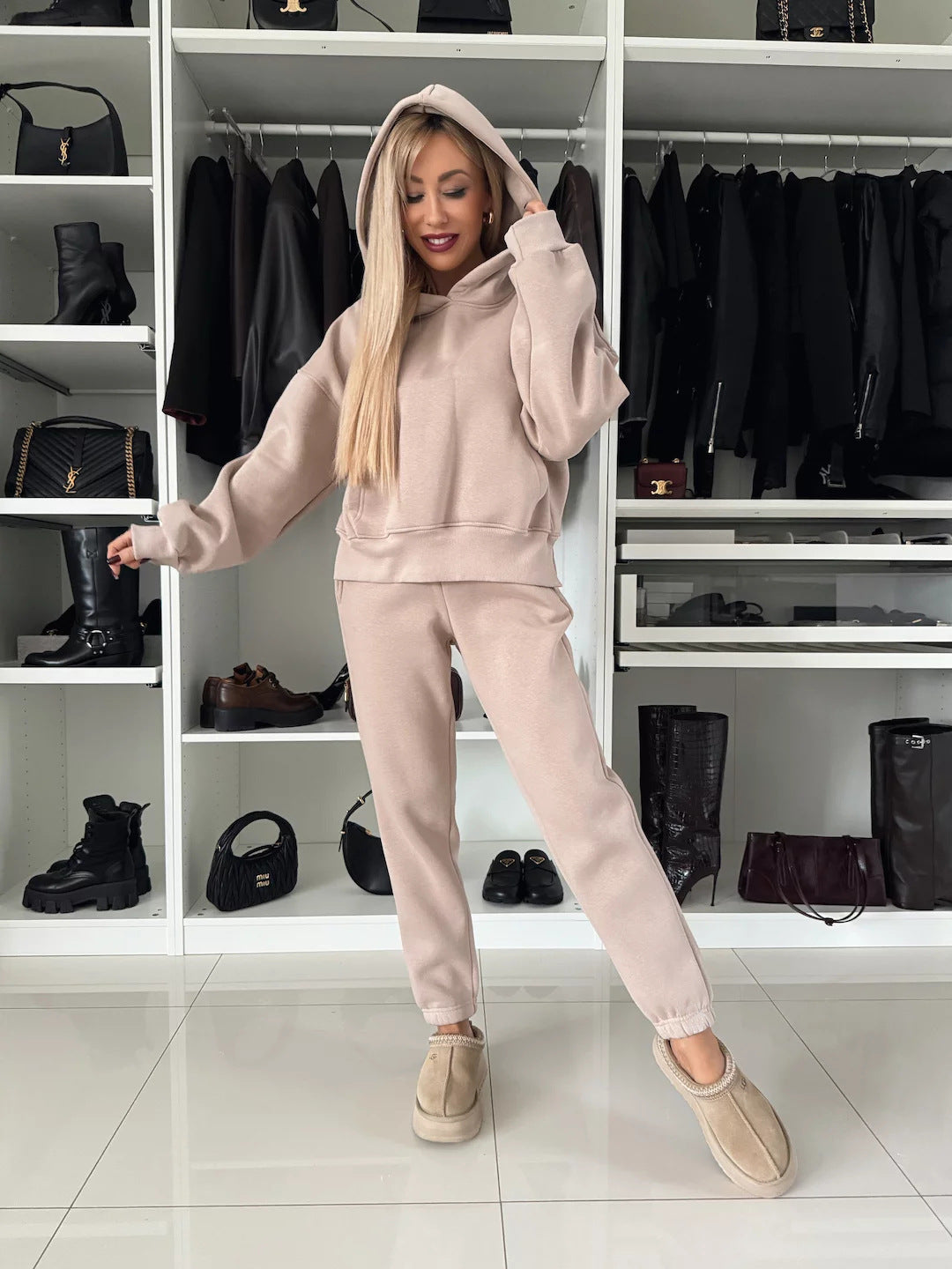 Damen lässiges Loungewear-Set mit Hoodie und Jogginghose aus weichem Fleece WW