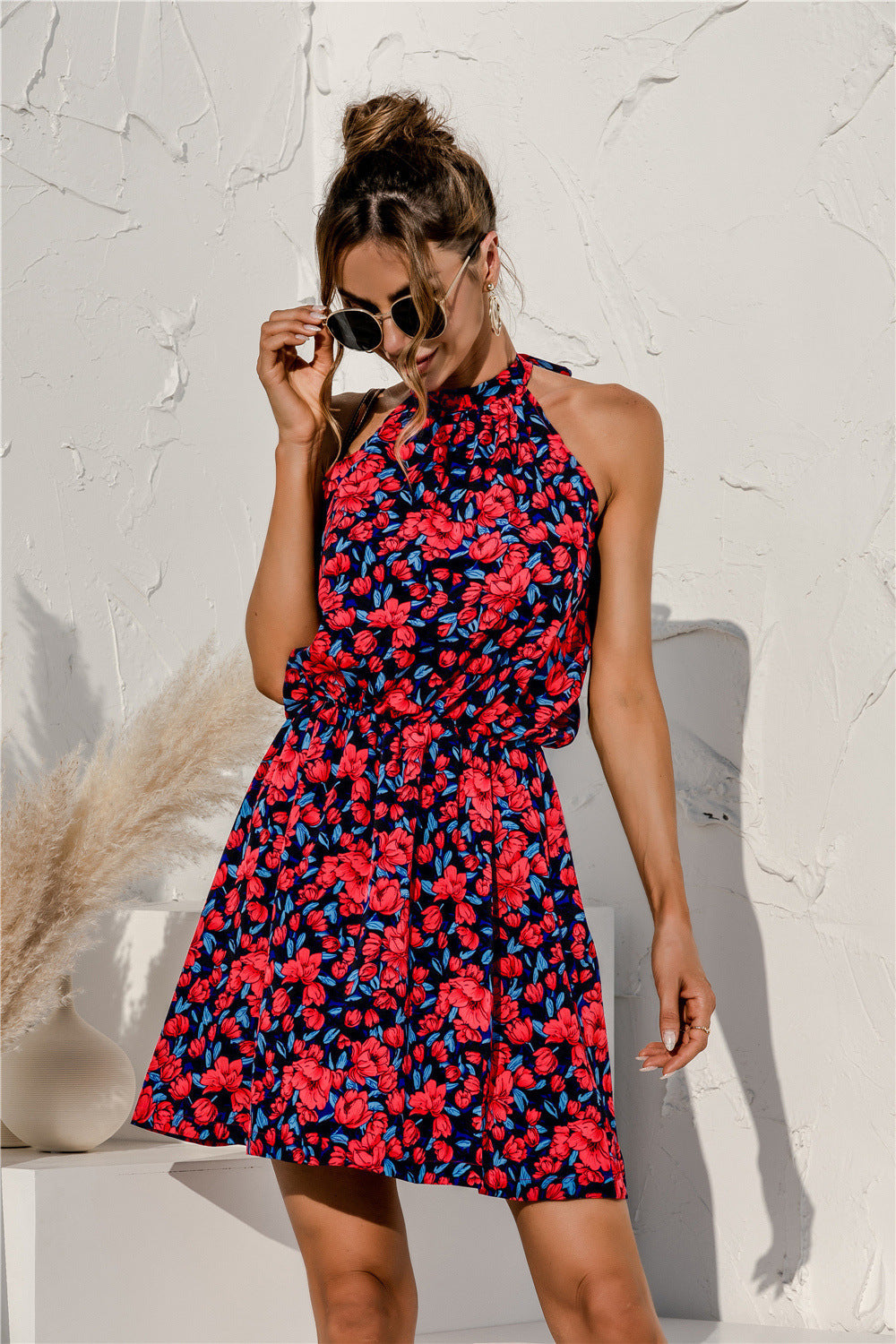 Damen verspieltes Sommerkleid mit hohem Hals und elastischem Bund WW