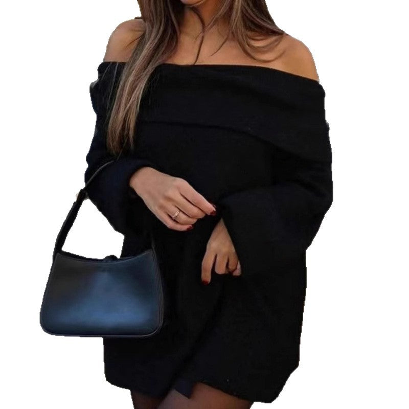 Damen Oversized Strickkleid mit schulterfreier Form und langen Ärmeln WW