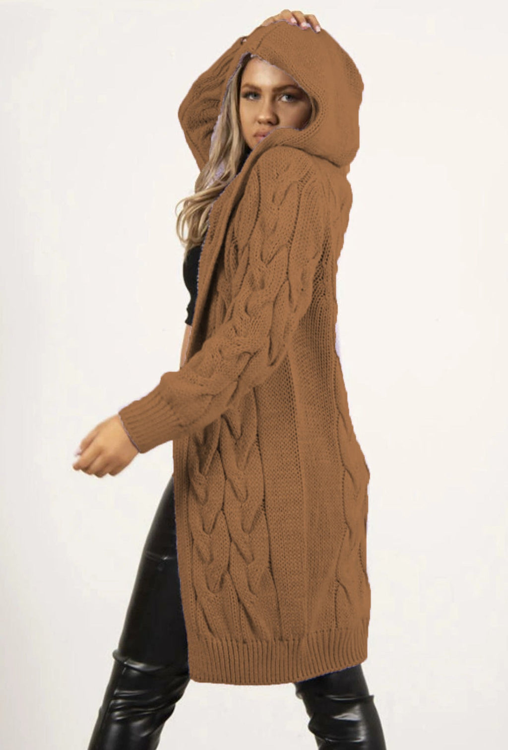 Damen Großer Strickmantel mit Kapuze und aufwendiger Zopfmusterstruktur WW