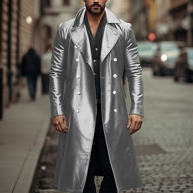 Herren Eleganter, glänzender Trenchcoat mit abnehmbarem Kragen WW