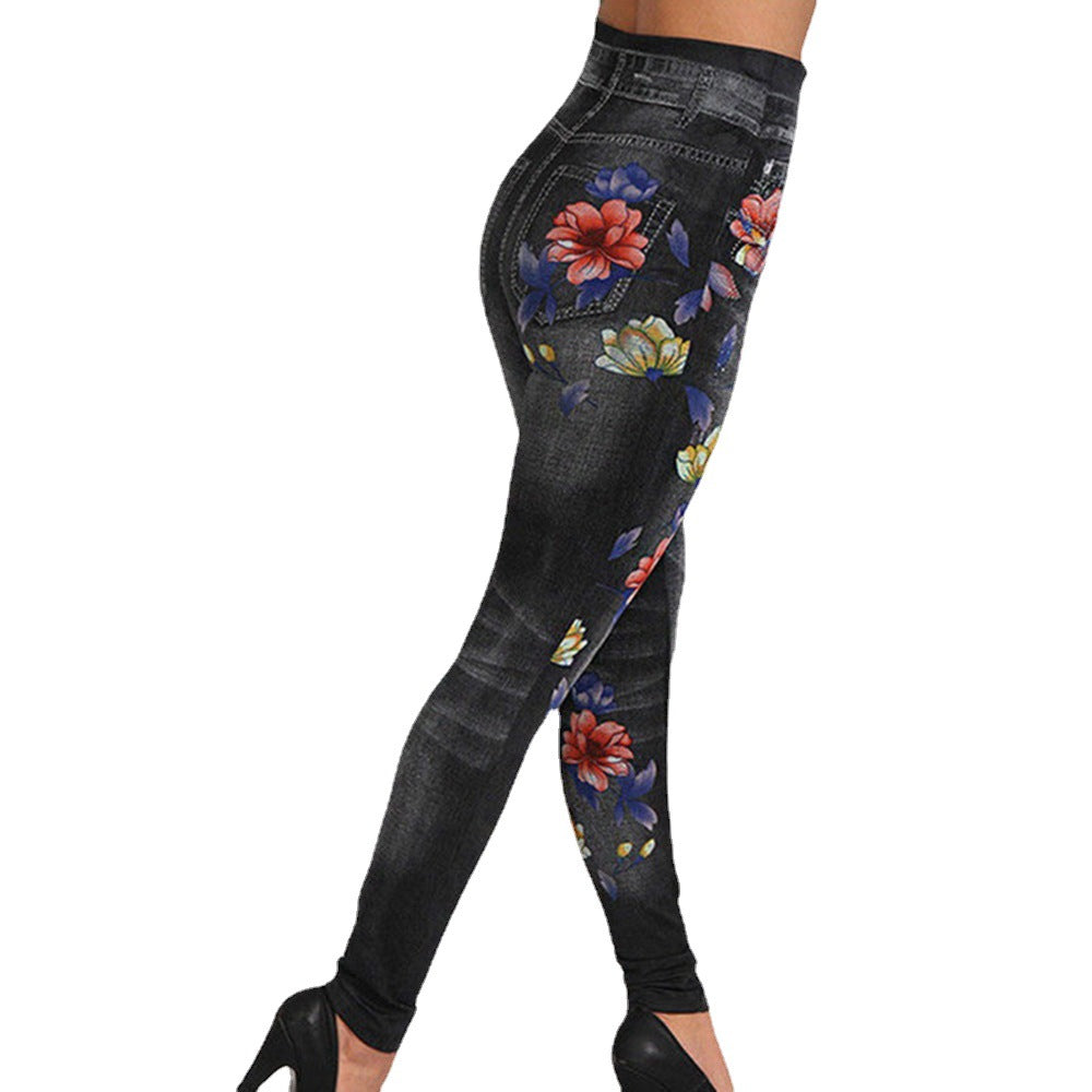 Damen Hochtaillierte Leggings im Jeans-Look mit floralem Motiv WW