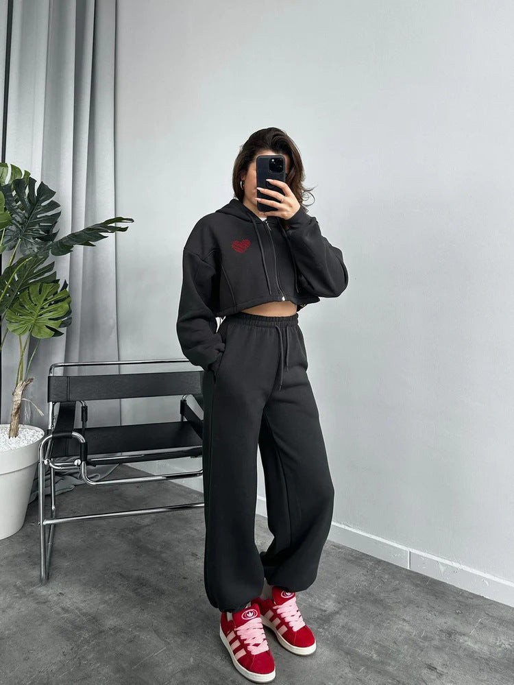Damen lässiger Kapuzencropped-Pullover und Jogginghose Set mit hohem Bund WW