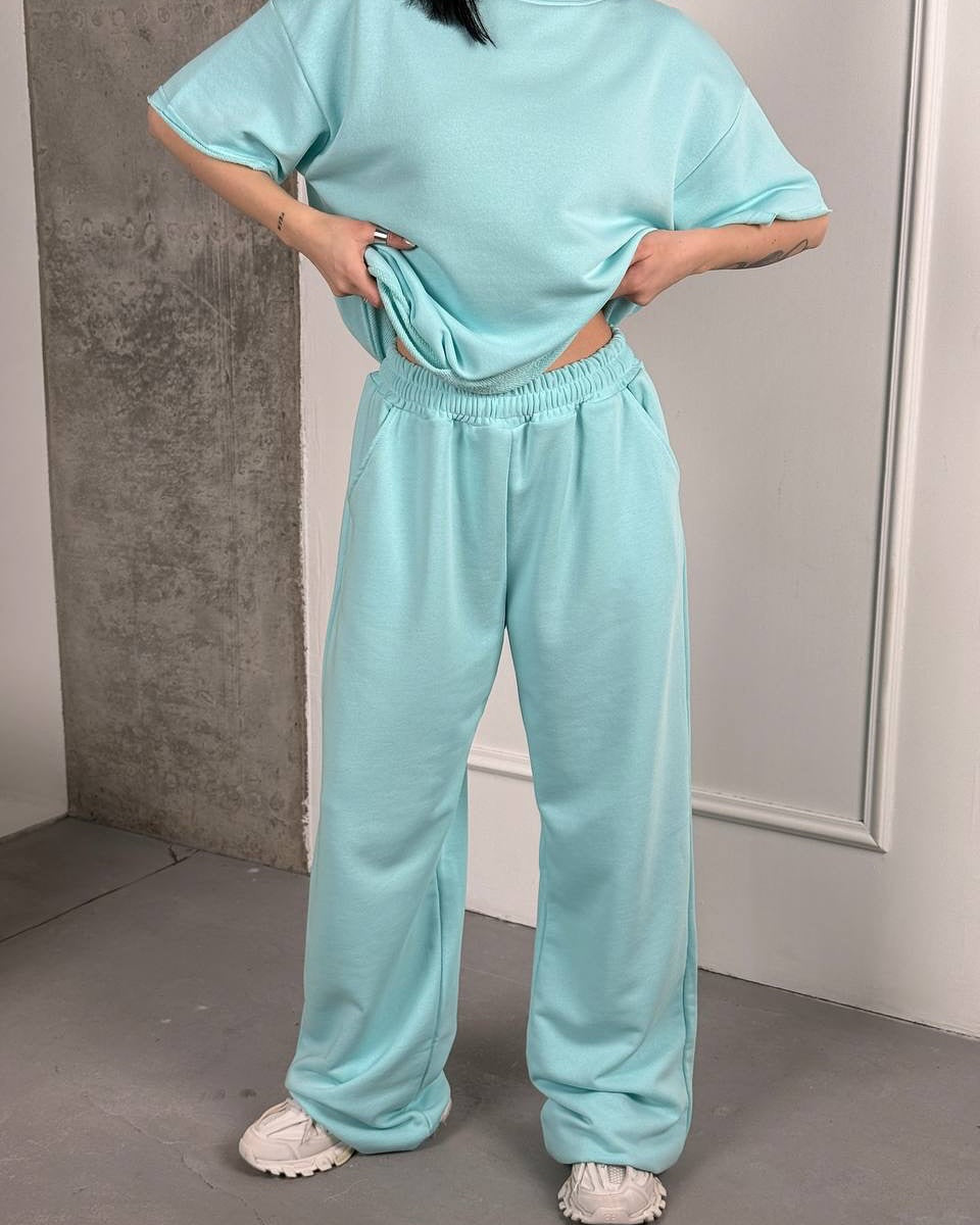Damen lässiges Baumwoll-Set mit weit geschnittenem Oberteil und bequemen Hosen WW
