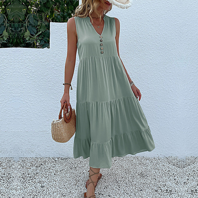 Damen Maxikleid mit Knopfdetail und voluminösem Rock WW
