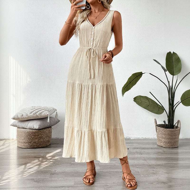 Damen Maxikleid mit V-Ausschnitt und elastischem Taillenzug WW