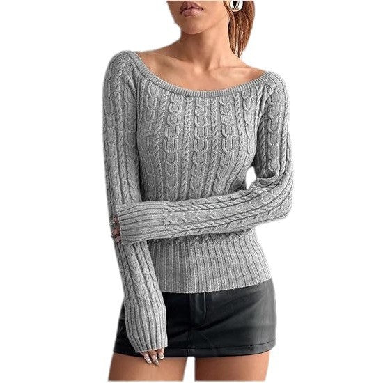 Damen Grobstrick Pullover mit offener Schulterpartie und Zopfmuster WW