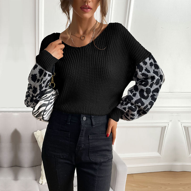 Damen Strickpullover mit modischem Leopardenmuster an den Ärmeln WW