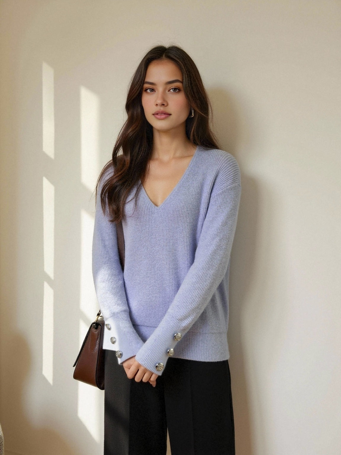 Damen V-Ausschnitt Strickpullover mit dekorativen Knöpfen WW