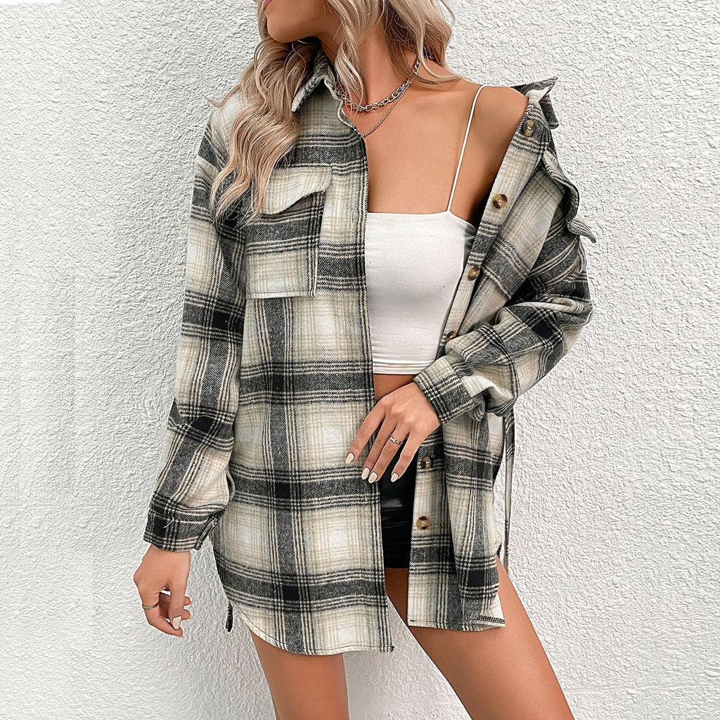 Damen lässige Karo-Hemdjacke mit modischen Knopfdetails und leichter Baumwollqualität WW