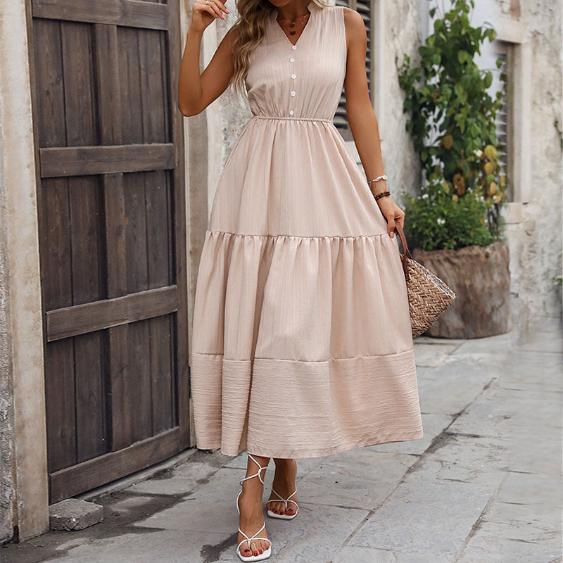 Damen Maxikleid mit knöpfbarem V-Ausschnitt und schwingendem Saum WW