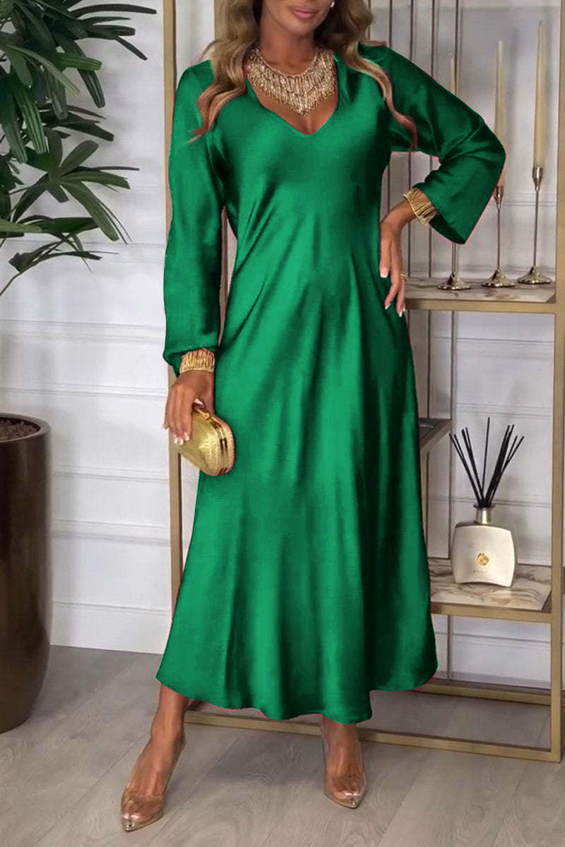 Damen elegantes Maxikleid mit tiefem V-Ausschnitt und fließendem Schnitt WW