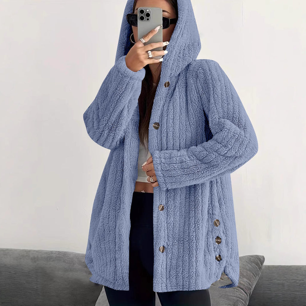 Damen kuschelige Fleecejacke mit Kapuze und Knopfverschluss WW