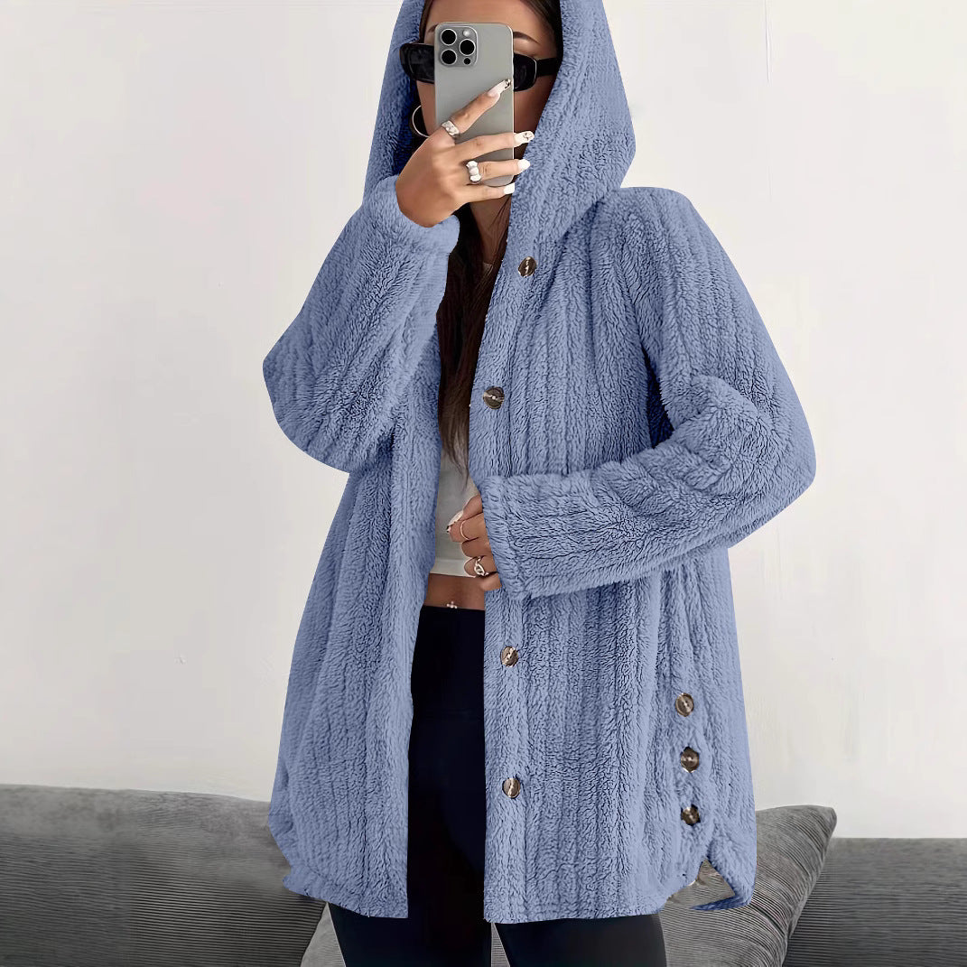Damen kuschelige Fleecejacke mit Kapuze und Knopfverschluss WW