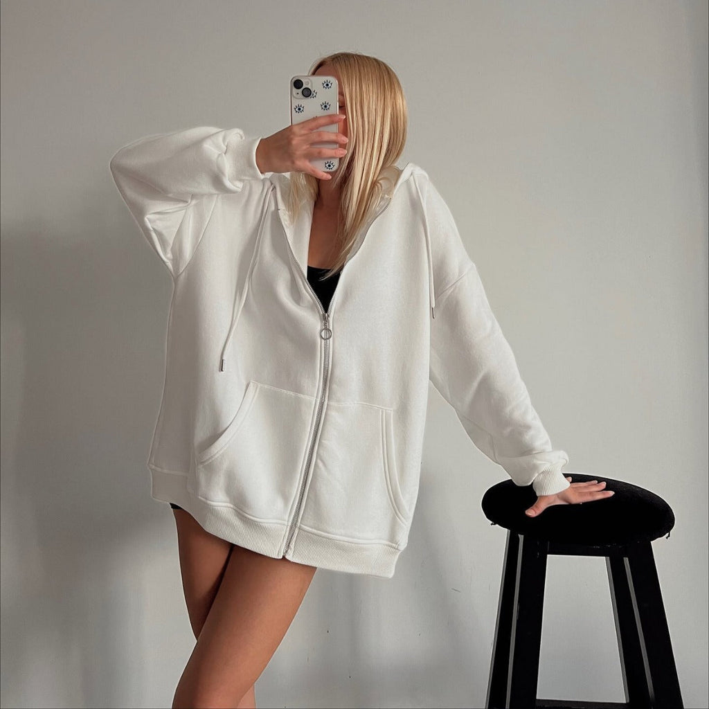 Damen oversized Kapuzenjacke mit durchgehendem Reißverschluss und Taschen WW