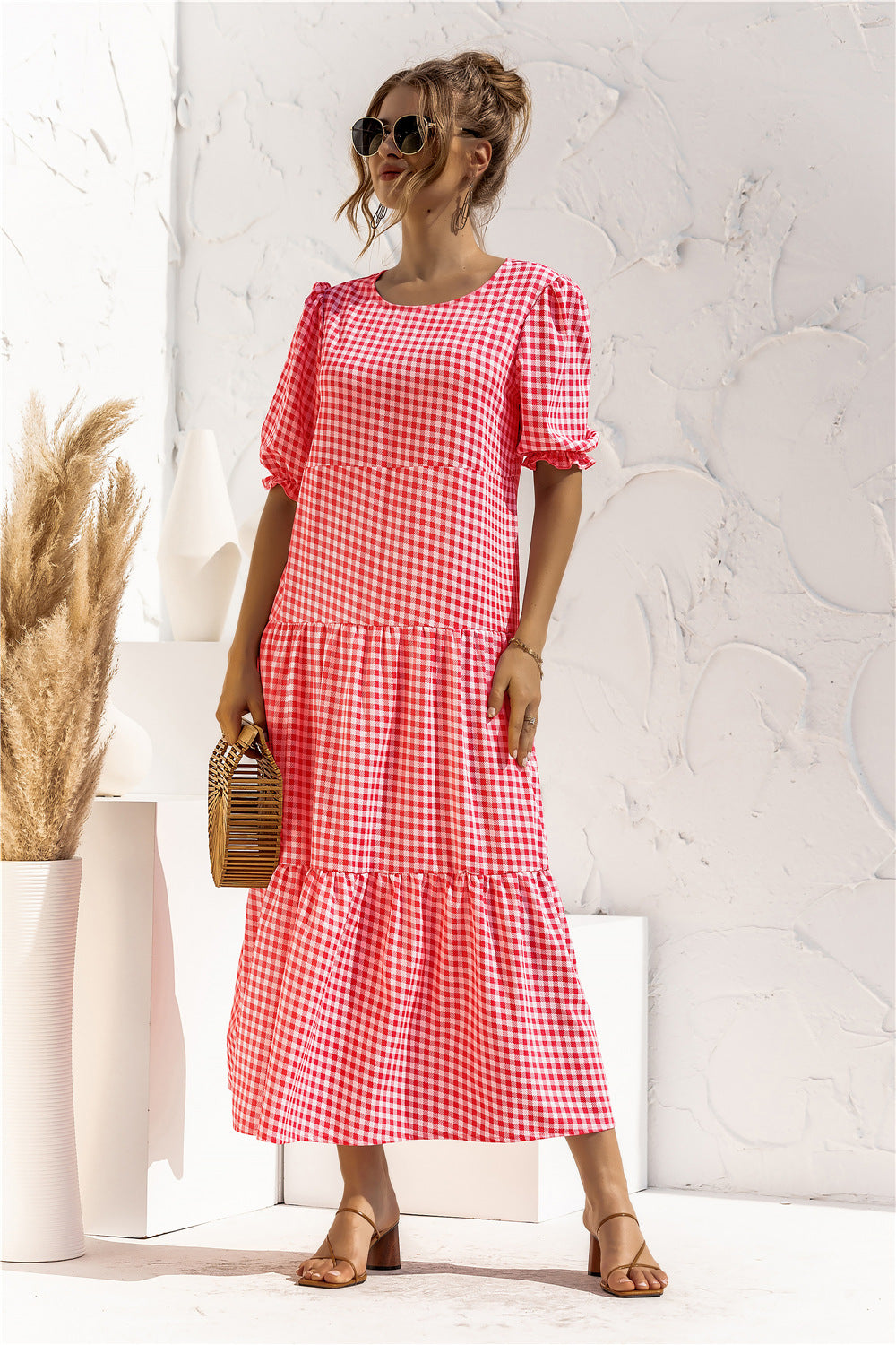 Damen Maxikleid mit Karomuster und voluminösen Puffärmeln WW