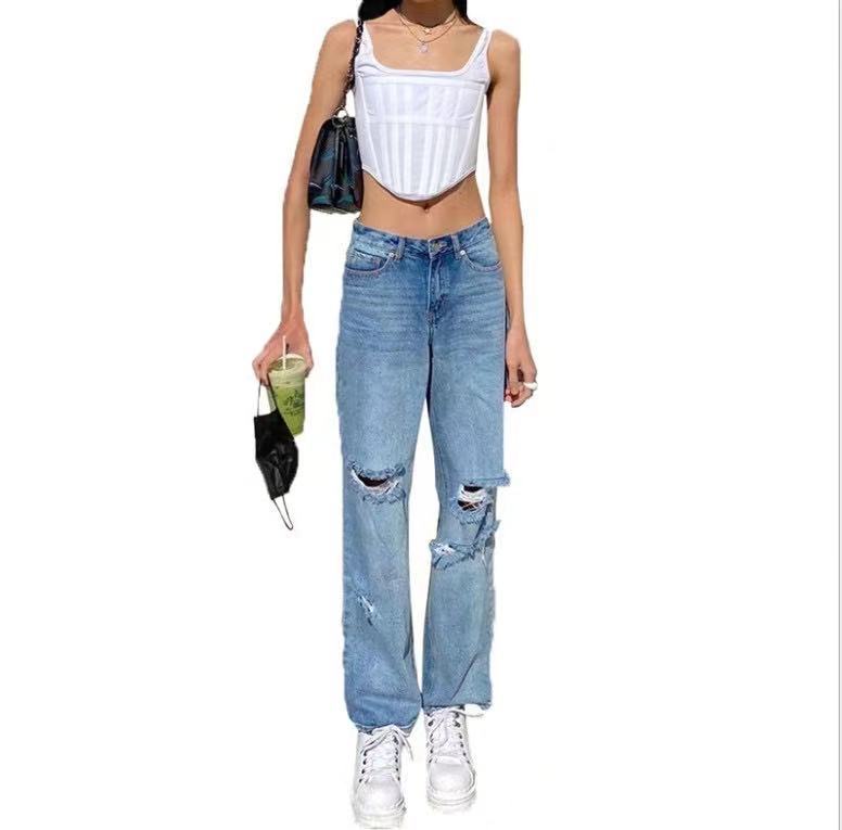 Damen Vintage-Style Mom-Jeans mit ausgefransten Rissen und hohem Bund WW