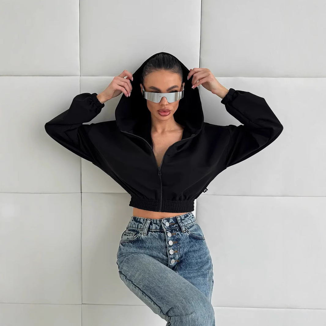 Damen lässiger Cropped Hoodie mit praktischem Reißverschluss und elastischem Bund WW
