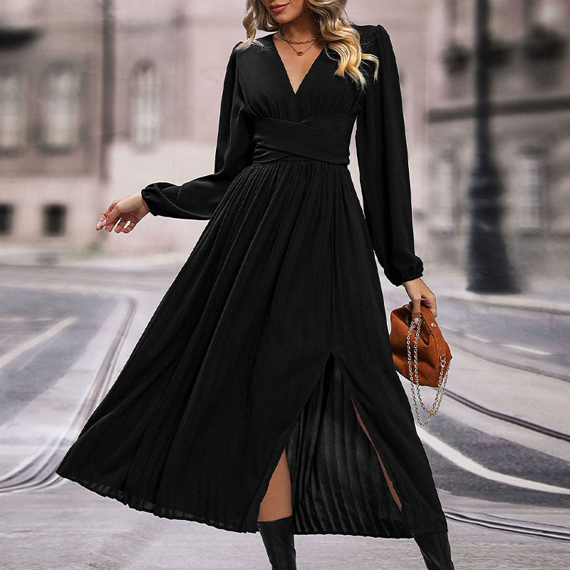 Damen Maxikleid mit V-Ausschnitt und langen Ärmeln WW