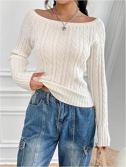 Damen Grobstrick Pullover mit offener Schulterpartie und Zopfmuster WW