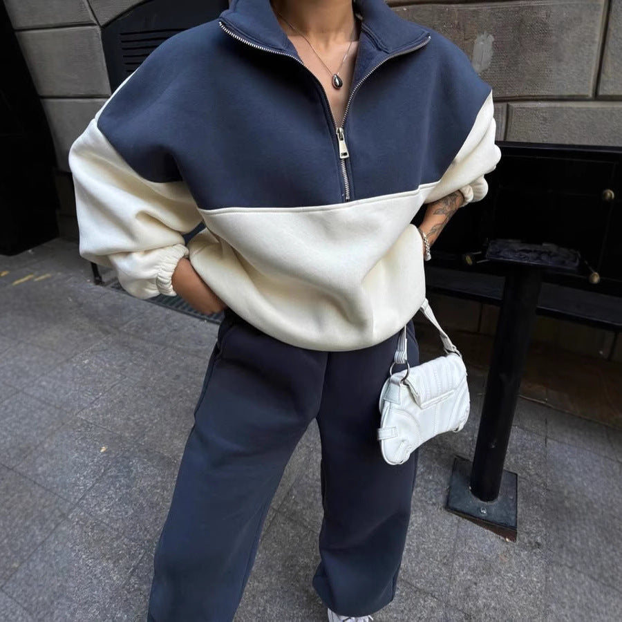 Damen bequemer Zip-Pullover mit überschnittenen Schultern WW