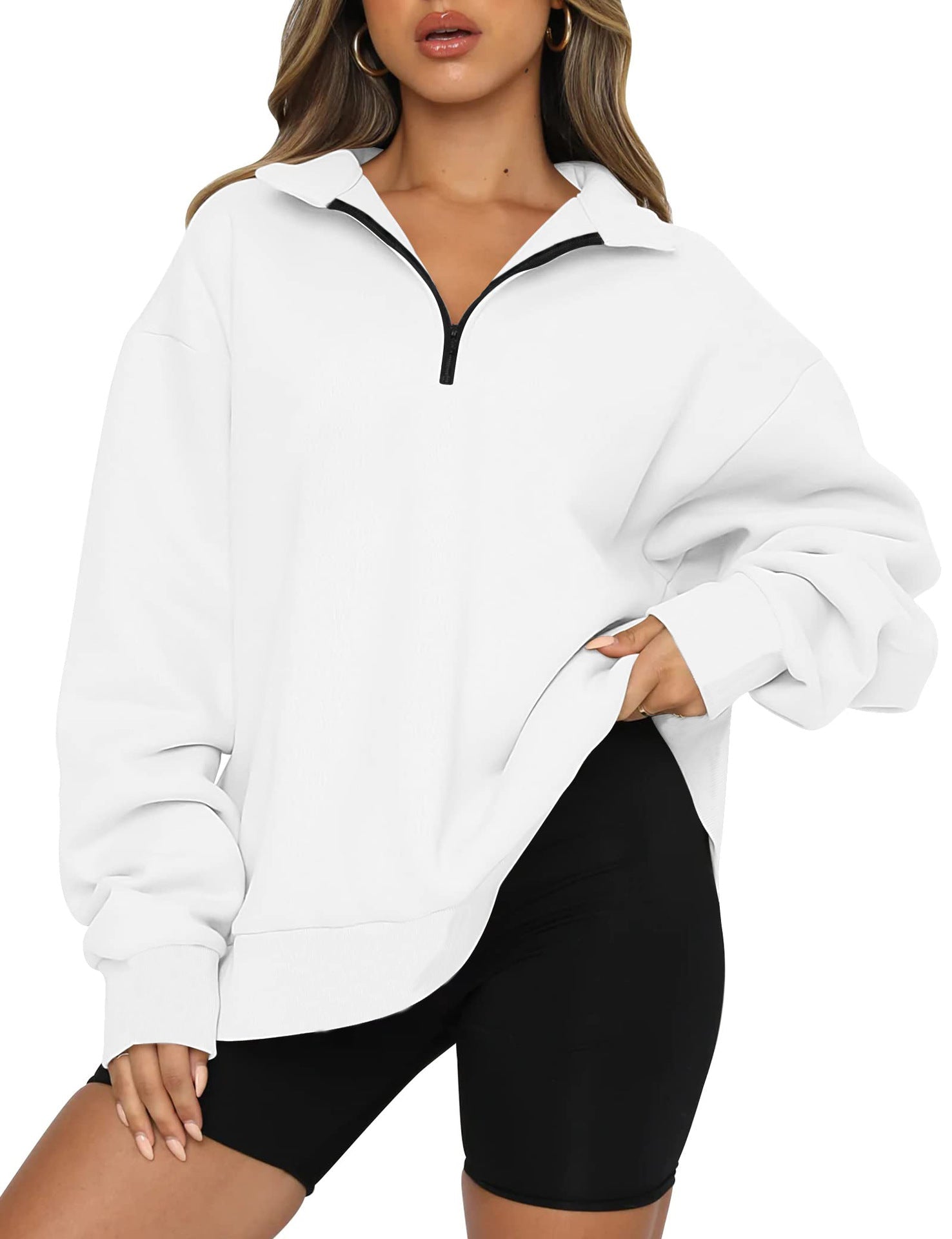 Damen Sportlicher Oversized Pullover mit Reißverschluss und seitlichem Schlitz WW