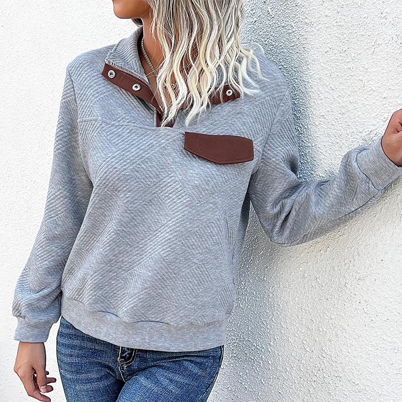 Damen lässiger Pullover mit strukturiertem Kragen und praktischer Brusttasche WW