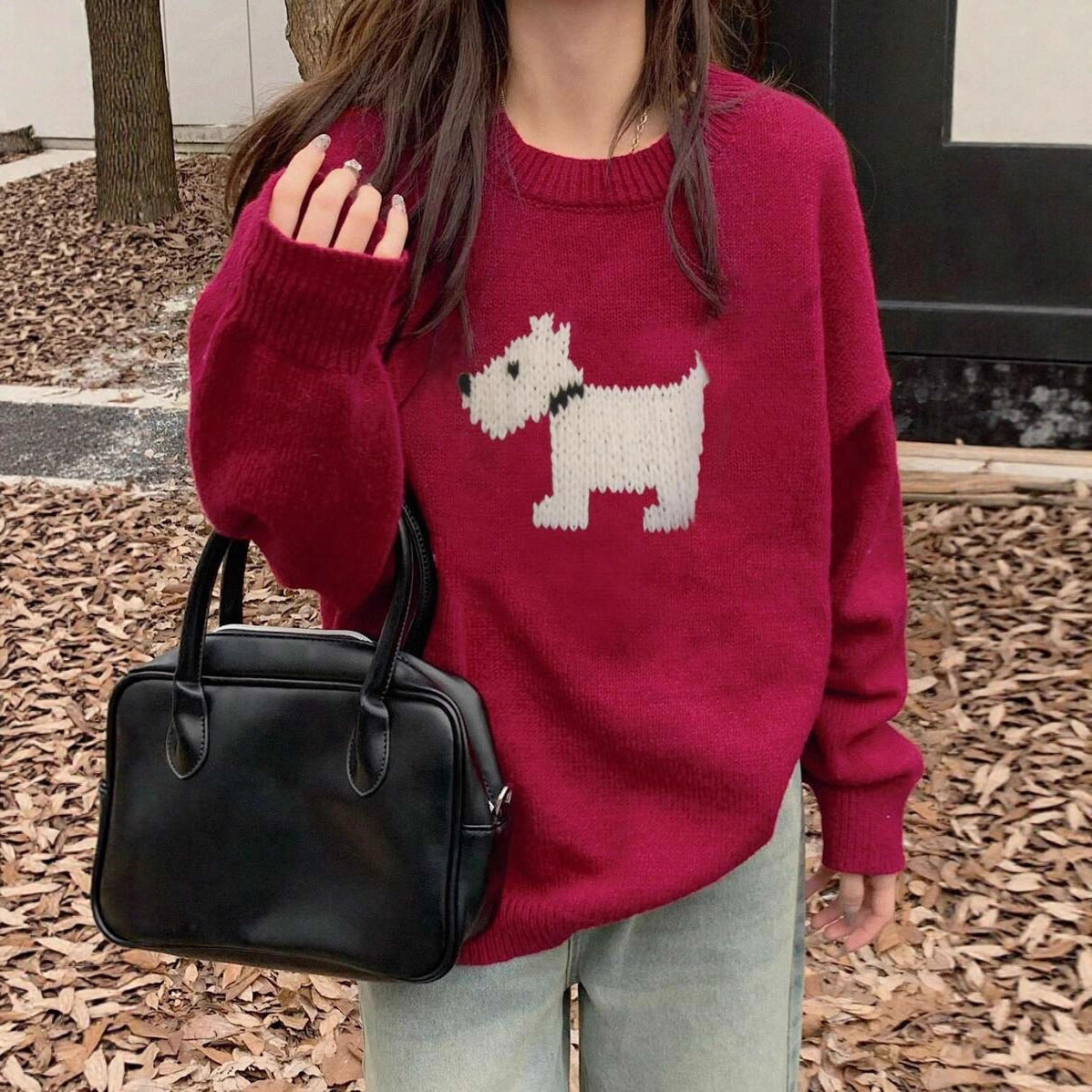 Damen Strickpullover mit süßem Dog-Motiv und bequemer Passform WW
