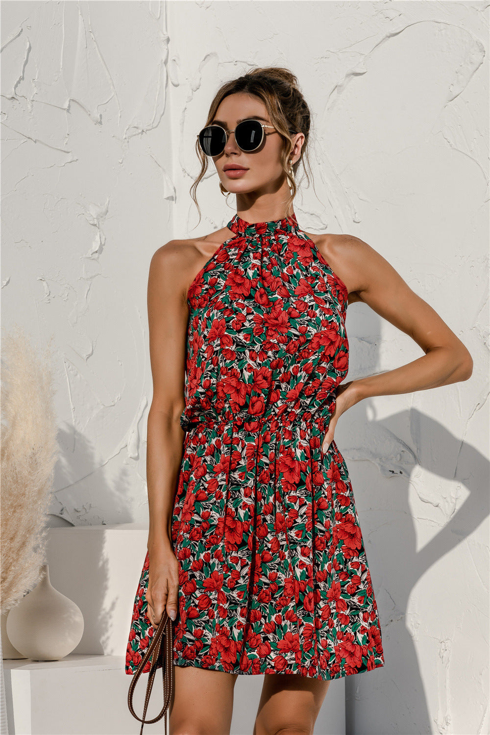 Damen verspieltes Sommerkleid mit hohem Hals und elastischem Bund WW
