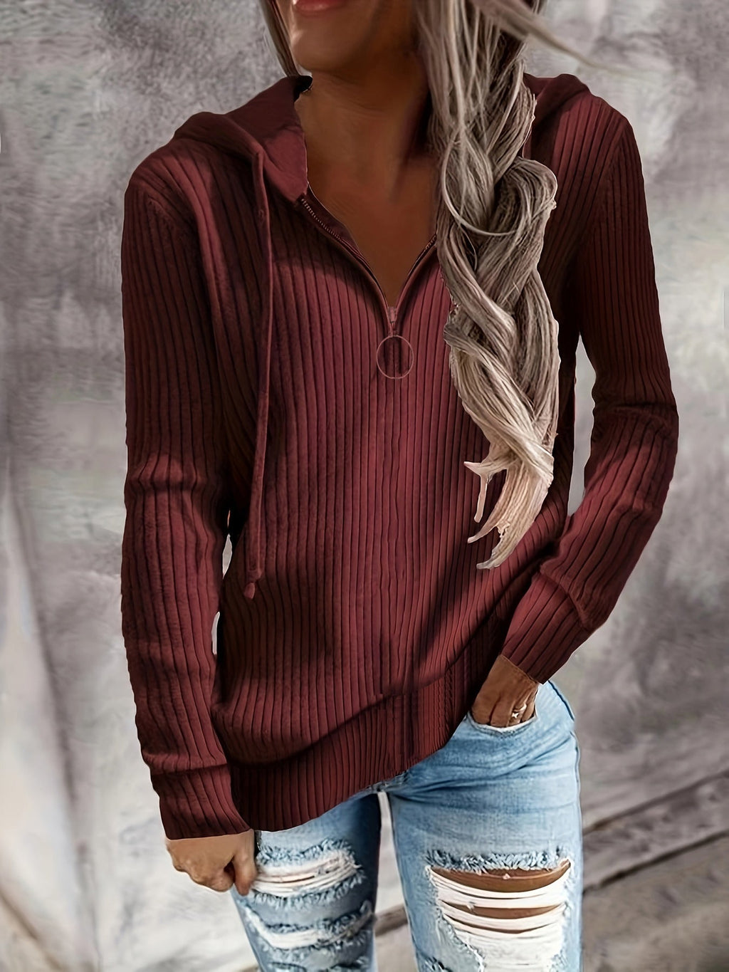 Damen Strickpullover mit hohem Kragen und Reißverschluss WW
