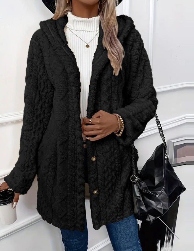 Damen kuschelige Fleecejacke mit Kapuze und Knopfverschluss WW