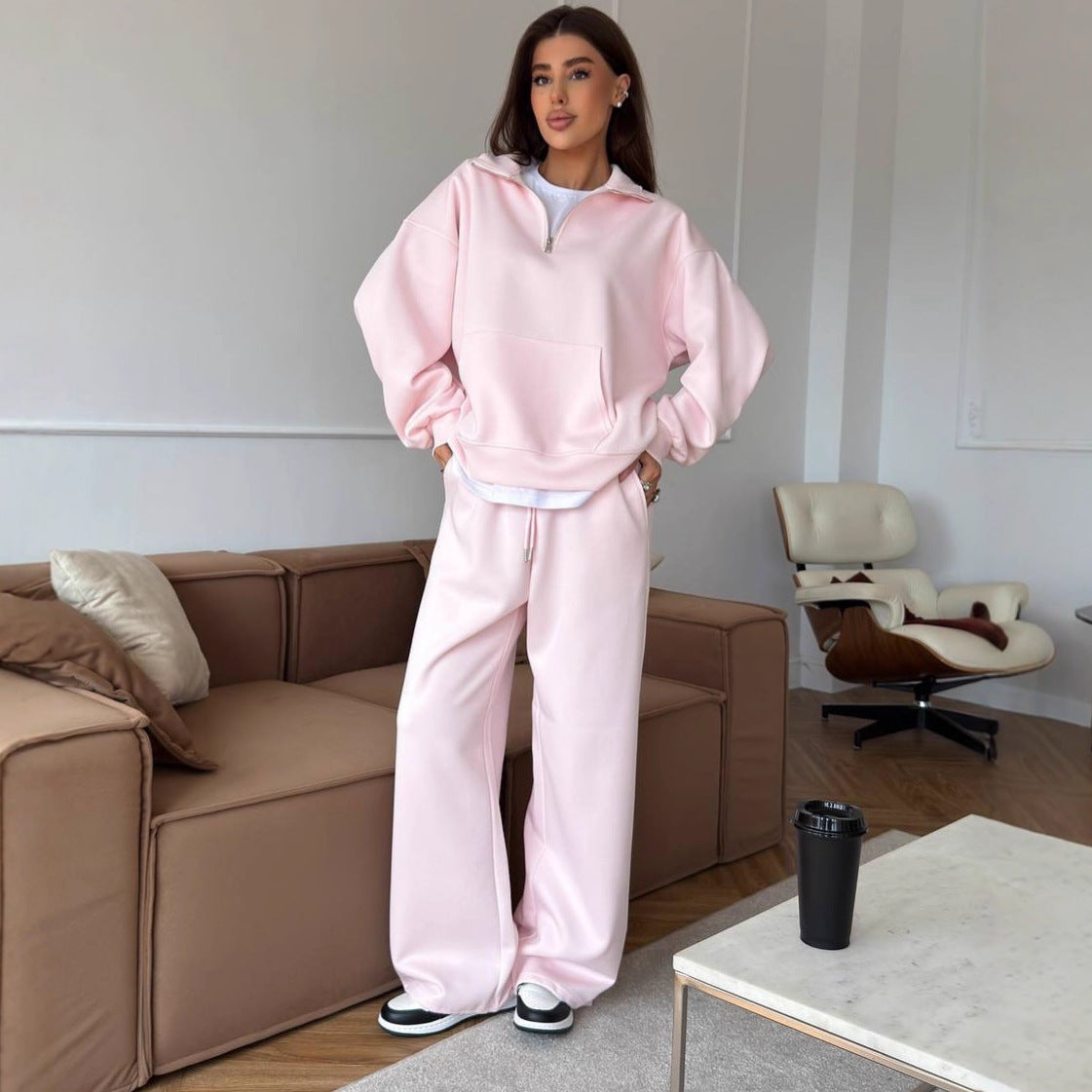 Damen lässiges Fleece-Set mit hochgeschlossenem Reißverschluss und weiten Beinen WW
