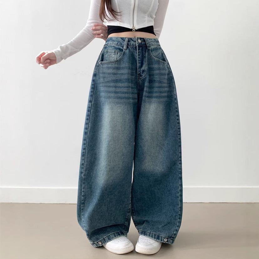 Damen Weite High-Waist Denim-Hose mit Faltenwurf WW