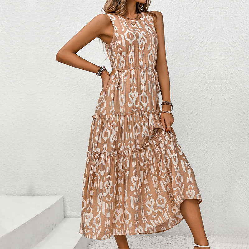 Damen maxi Kleid mit elegantem Volant und modischem Muster WW