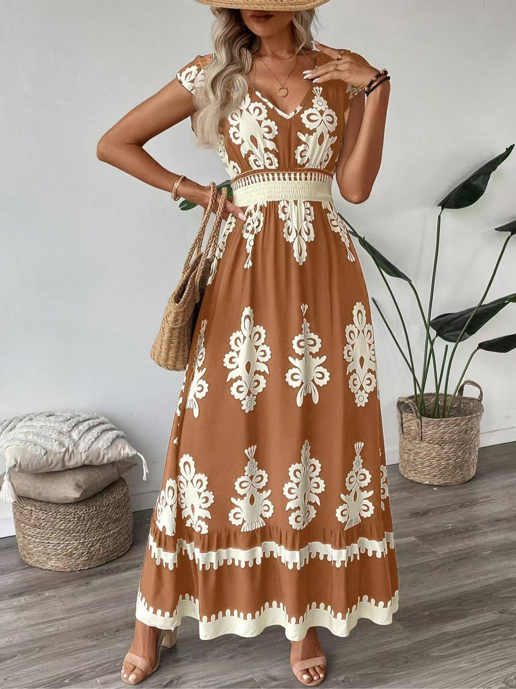 Damen Maxikleid mit floralem Muster und V-Ausschnitt WW