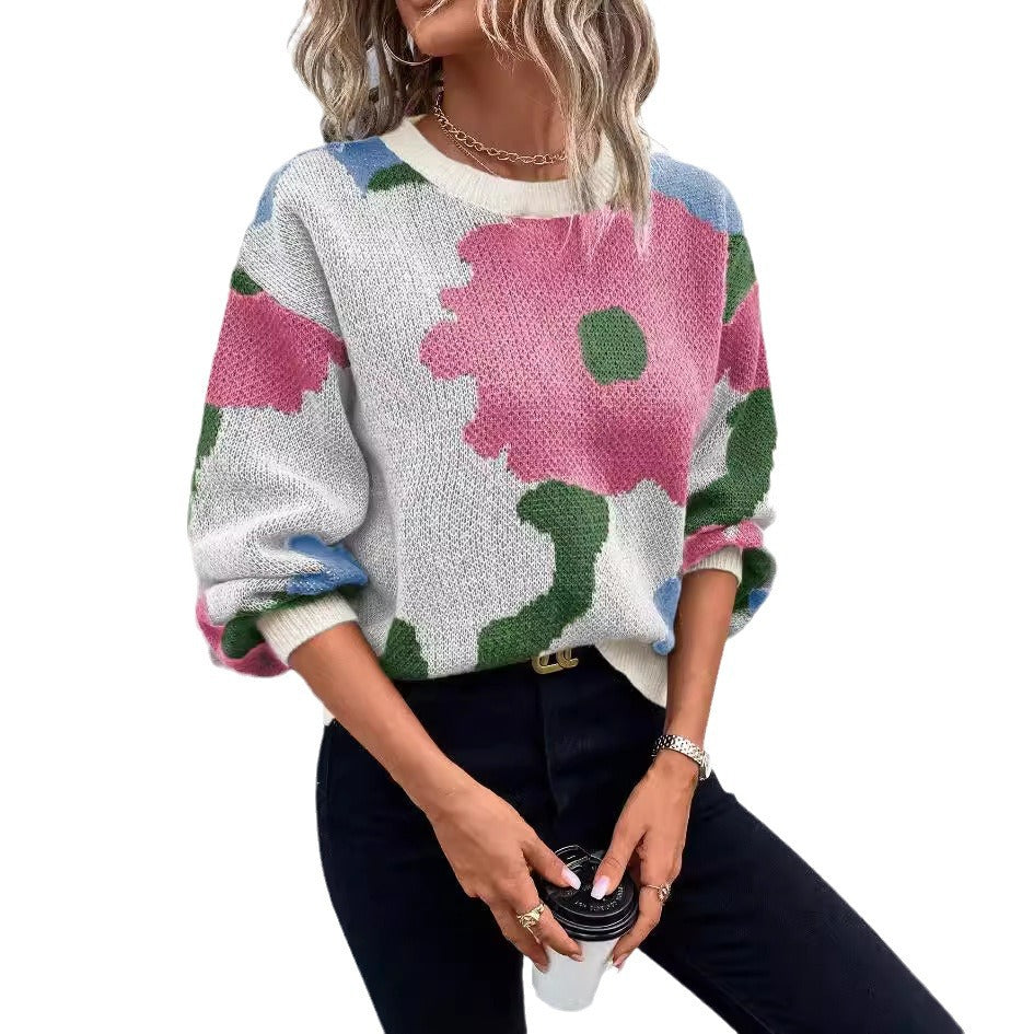 Damen modischer Pullover mit floralem Muster und weiten Ärmeln WW