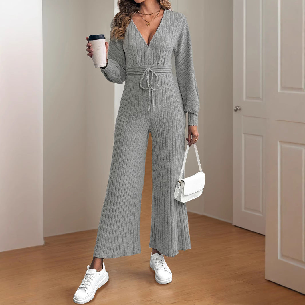 Damen legerer Strick-Jumpsuit mit weitem Bein und Taillengürtel WW