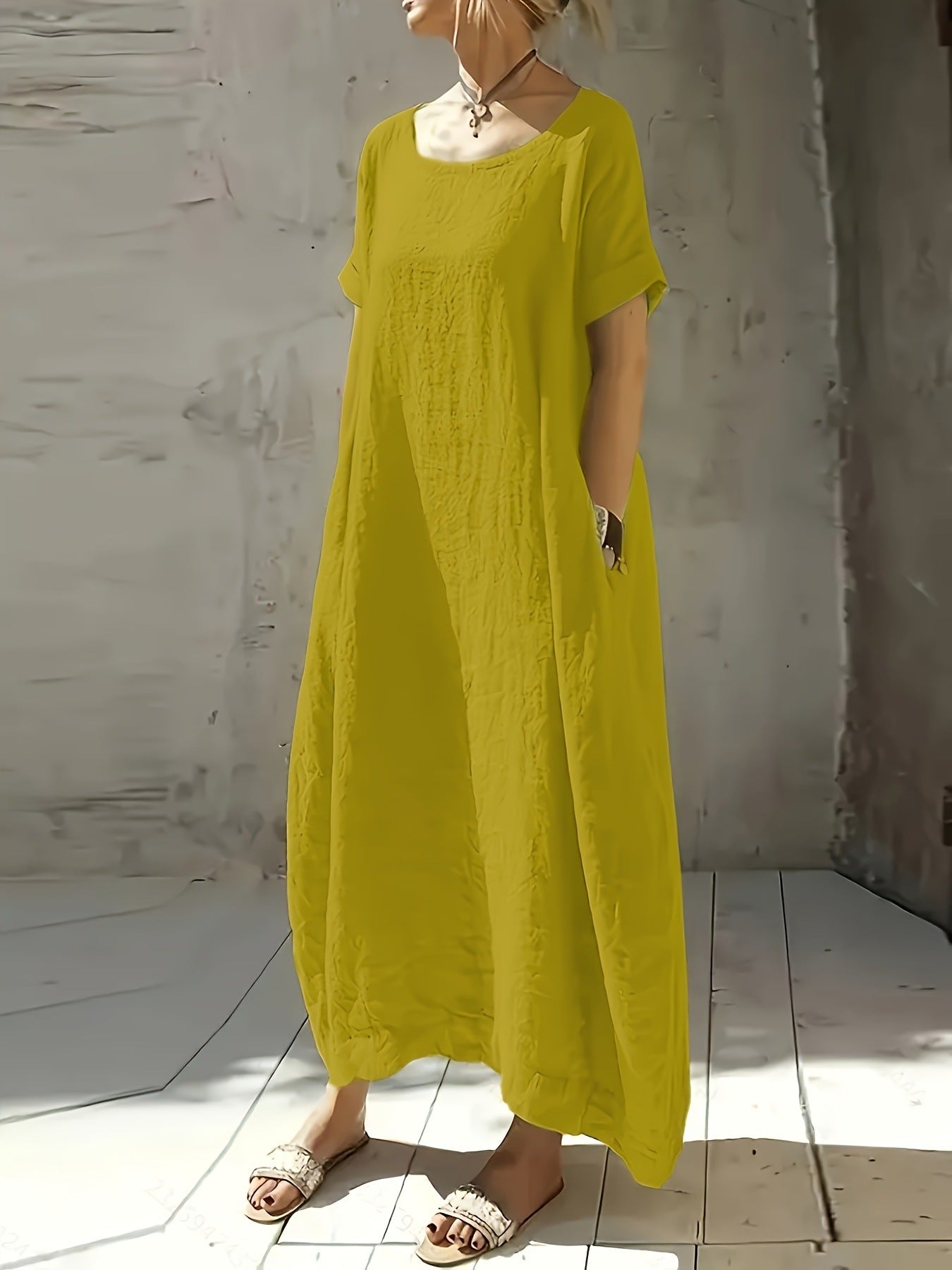 Damen lässiges Maxikleid mit überschnittenen Schultern und praktischen Seitentaschen WW