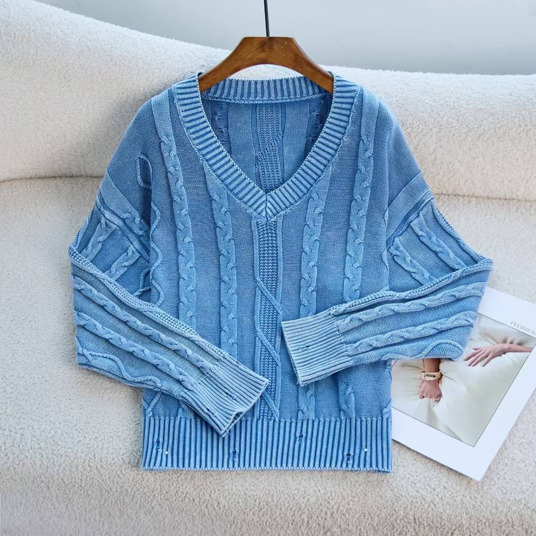 Damen Modischer Strickpullover mit V-Ausschnitt und Zopfmuster WW