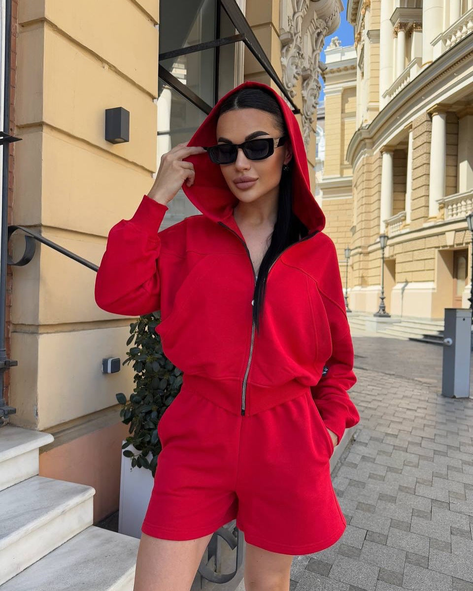 Damen lässiges Cropped Hoodie- und Shorts-Set mit praktischen Kordelzügen WW