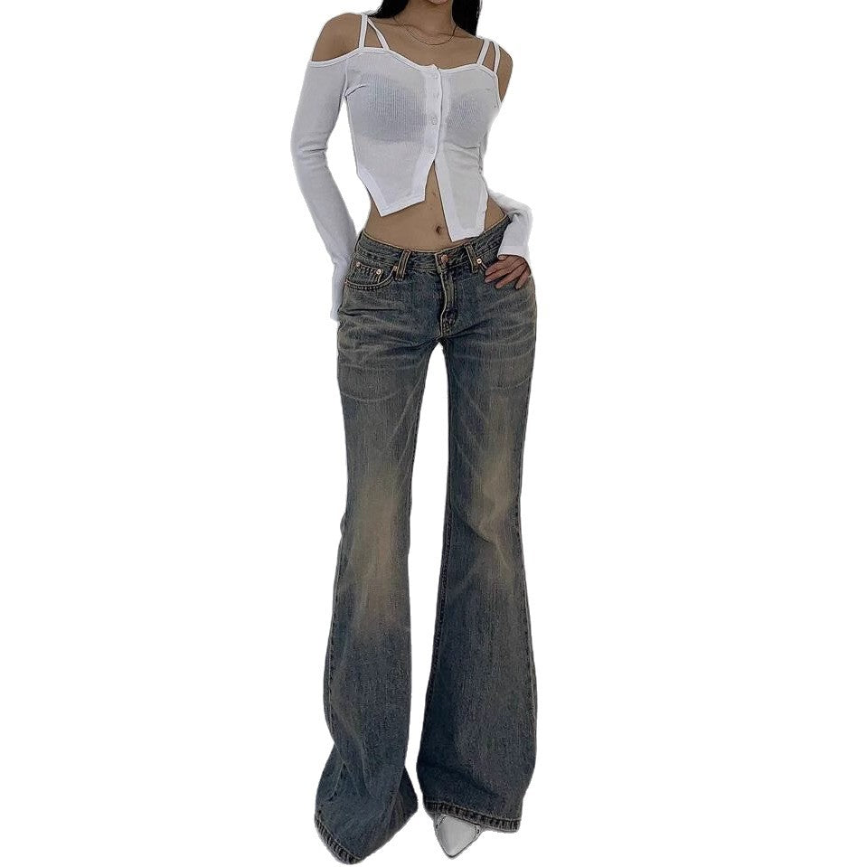 Damen Hochtaillierte Flared Jeans im Vintage-Look mit ausgestelltem Bein WW