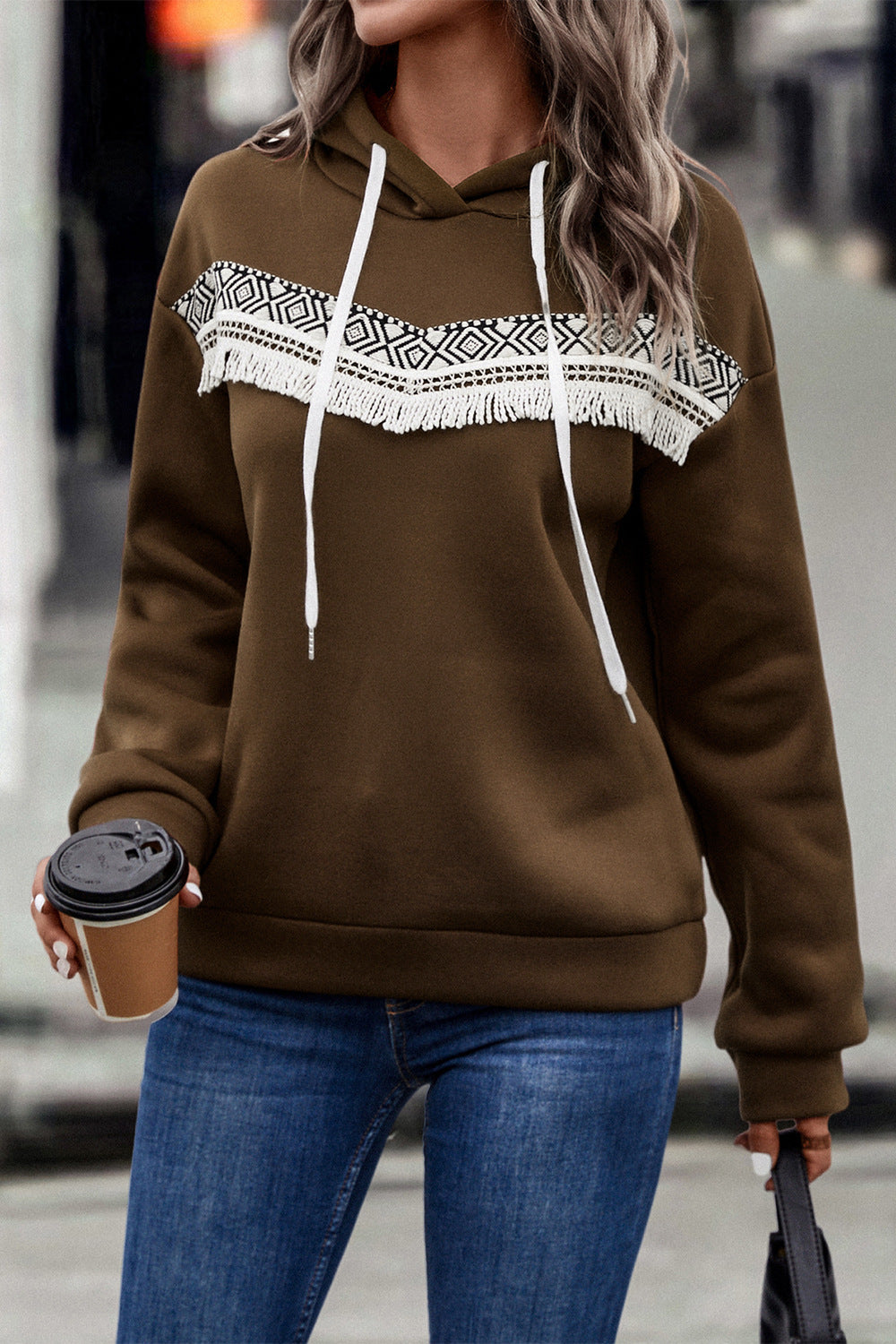 Damen Kapuzenpullover mit eleganter Fransenverzierung WW