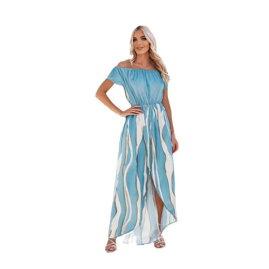 Damen Maxikleid mit schulterfreiem Design und elegante Wellenmuster WW