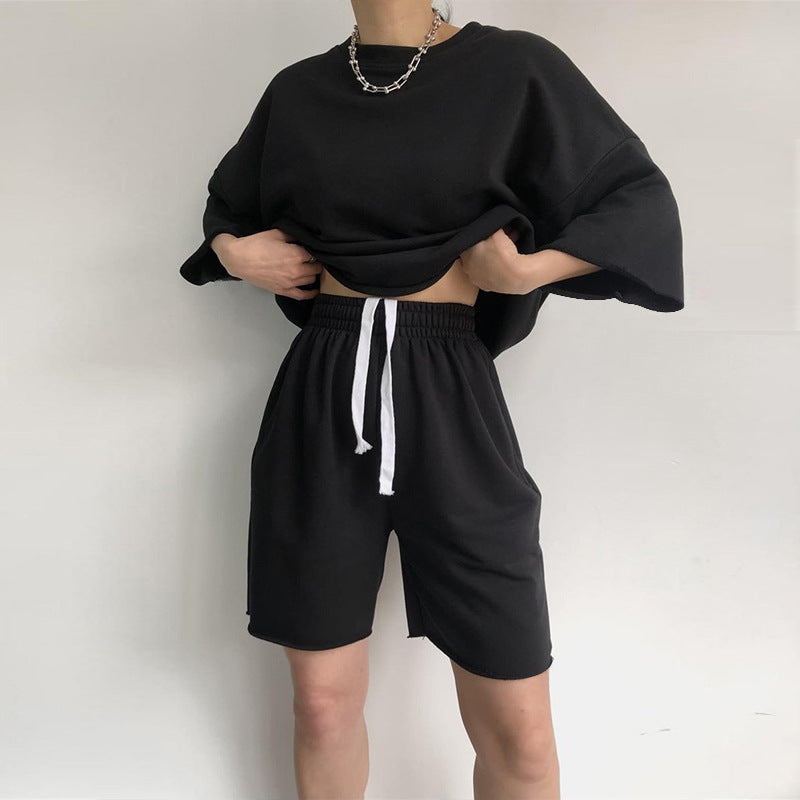 Damen lässiges Crop-Top und Shorts-Set mit weitem Schnitt WW