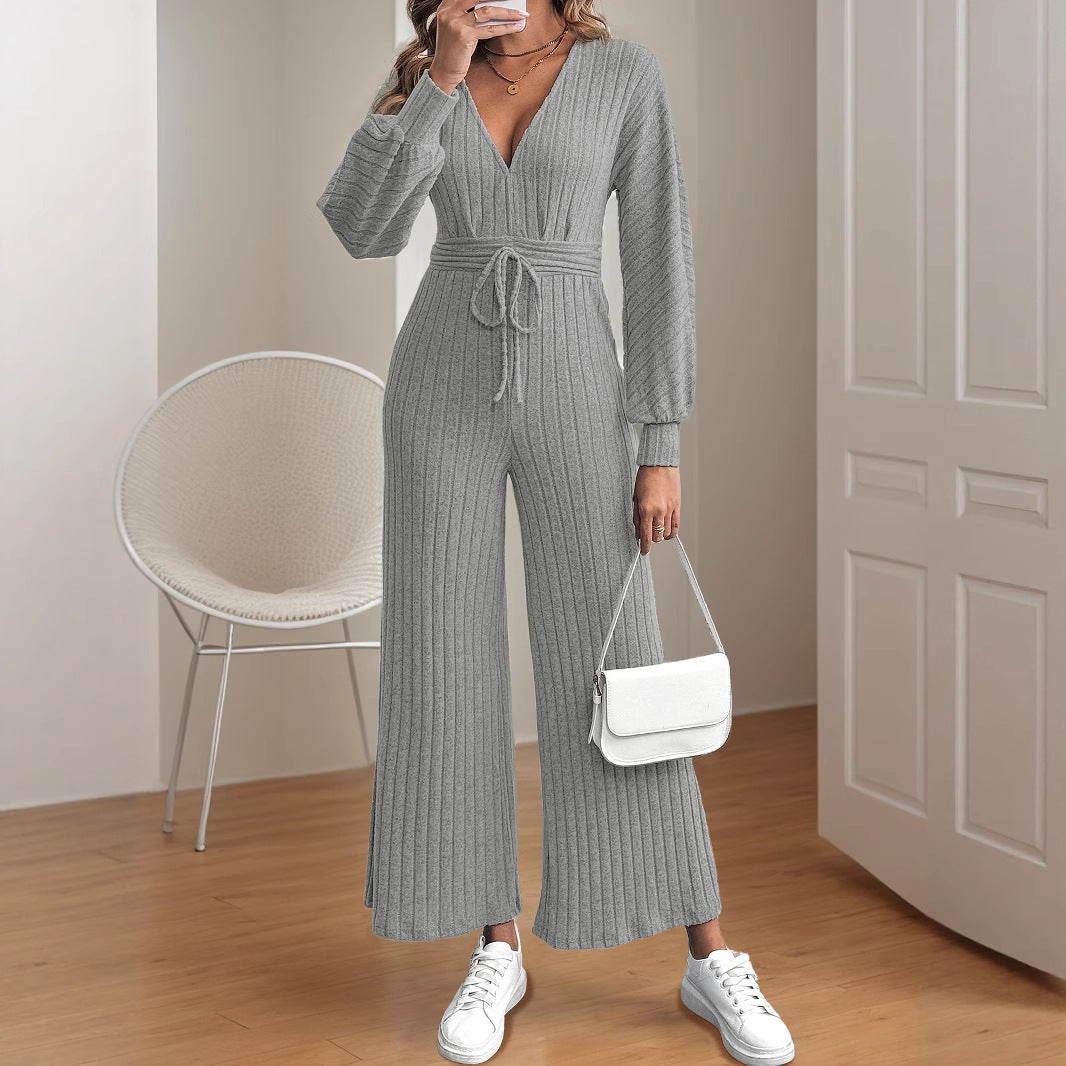 Damen legerer Strick-Jumpsuit mit weitem Bein und Taillengürtel WW