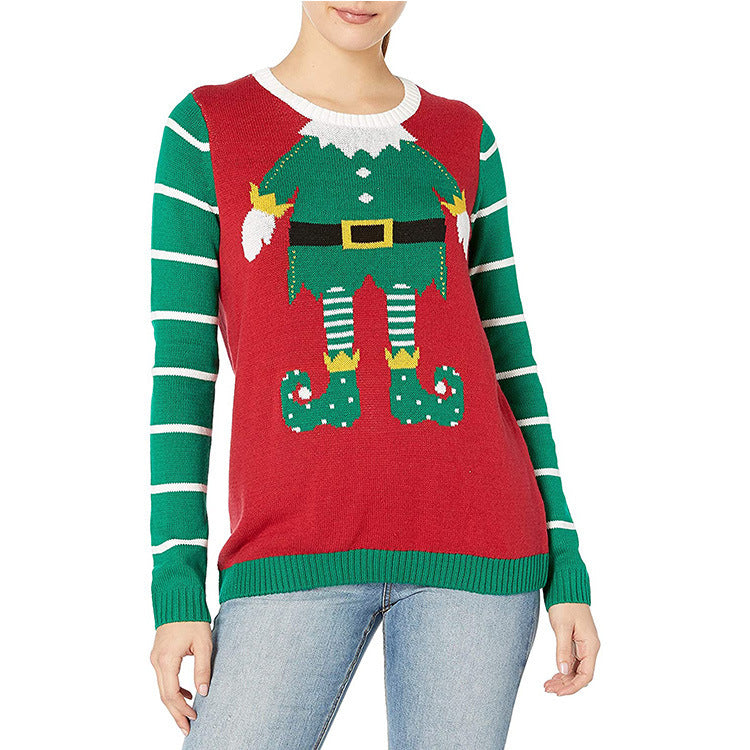 Damen Weihnachts-Pullover mit frechem Elf-Motiv und gestreiften Ärmeln WW