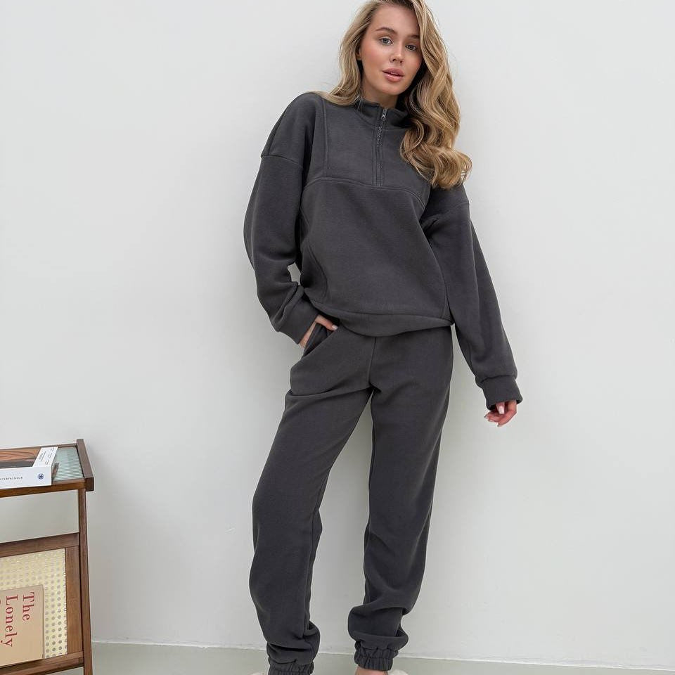 Damen gemütliches Fleece-Hoodie-Set mit hohem Kragen und praktischen Taschen WW