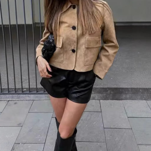 Damen Wildlederimitat Jacke mit Knopfleiste und Taschen WW